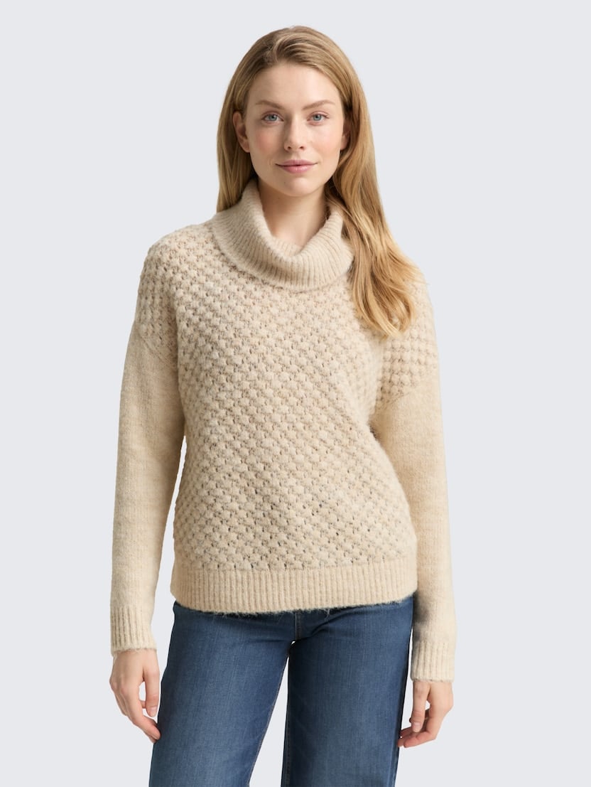 Pleten pulover s puli ovratnikom - Bež_9032782