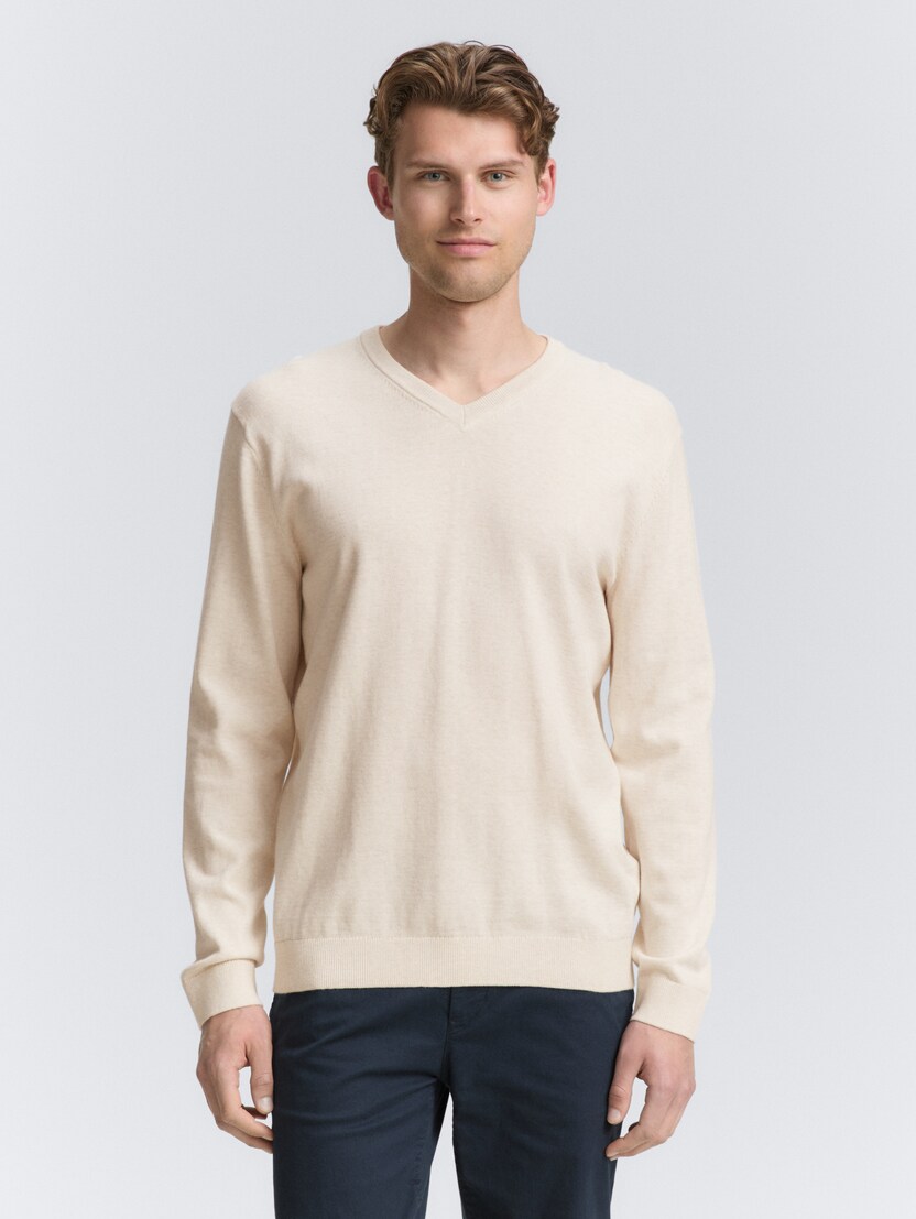 Pleteni pulover s V-izrezom - Bež_9335277