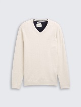 Pleteni pulover s V-izrezom - Bež_9335277