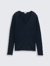 Pleteni pulover s V-izrezom - Plava_9053654