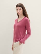 Pulover din tricot decolteu în V - Roz_3855705