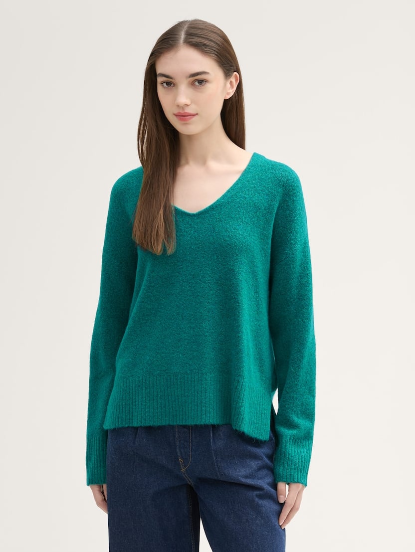 Pulover din tricot decolteu în V - Verde_4680565