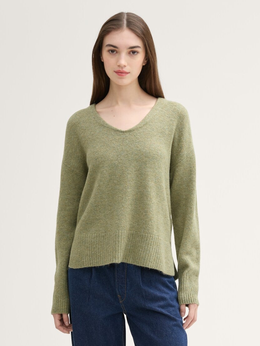 Pulover din tricot decolteu în V - Verde_7669816